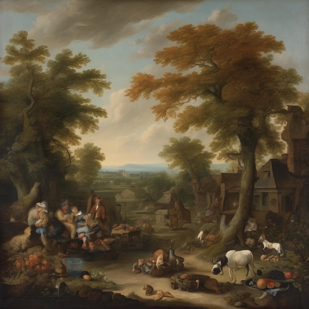 Ζωγραφική τοπίο με αγρότες και ζώα, αρχαία τέχνη, έργο που επηρέασε την τέχνη και τους καλλιτέχνες.