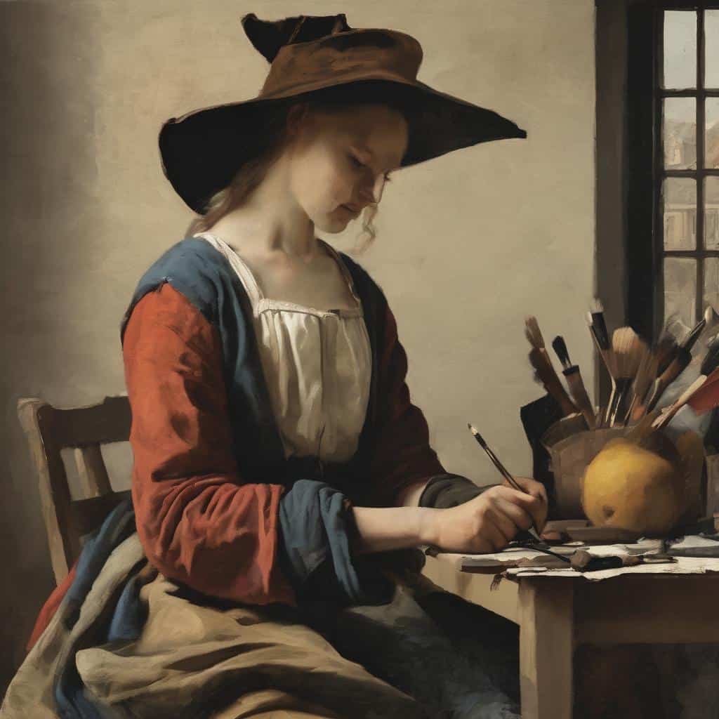 Πορτρέτο καλλιτέχνιδας με καπέλο και πινέλα, εμπνευσμένο από σημαντικούς καινοτόμους στην τέχνη.