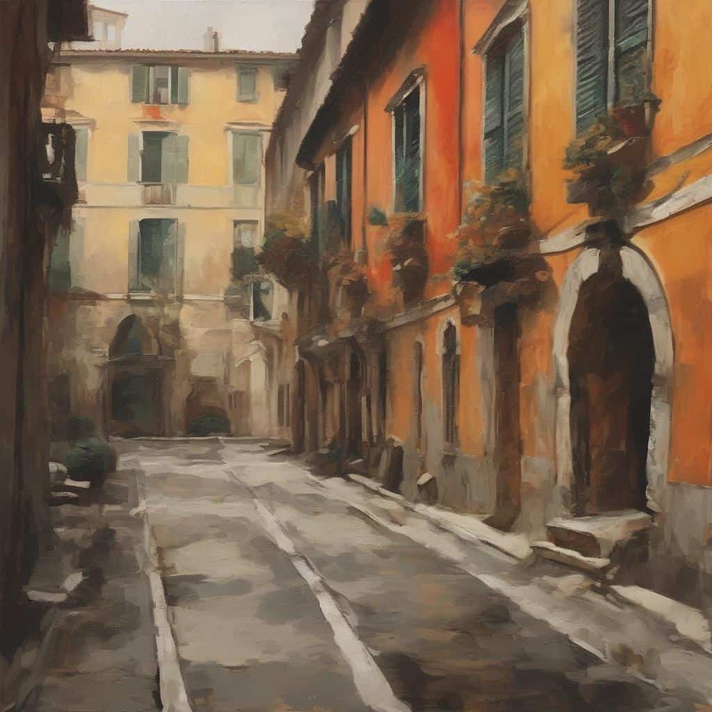 Οδική σκηνή με ιστορικά κτίρια και ζωντανά χρώματα, εμπνευσμένη από καλλιτέχνες που άλλαξαν την τέχνη.