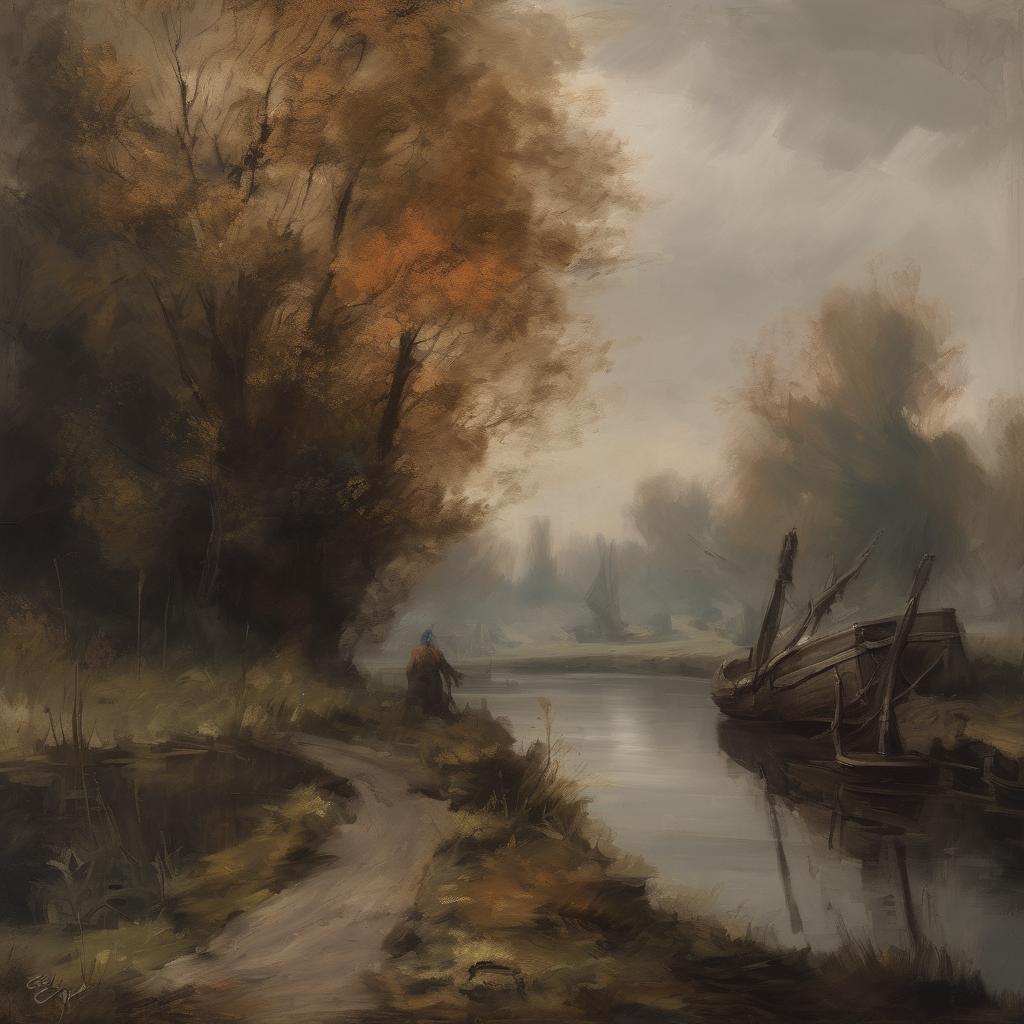 ρεαλιστικό τοπίο με ποτάμι και καραβάκια, σε αποχρώσεις του καφέ και γκρι, με δέντρα το φθινόπωρο, έργο διάσημου καλλιτέχνη τέχνης.